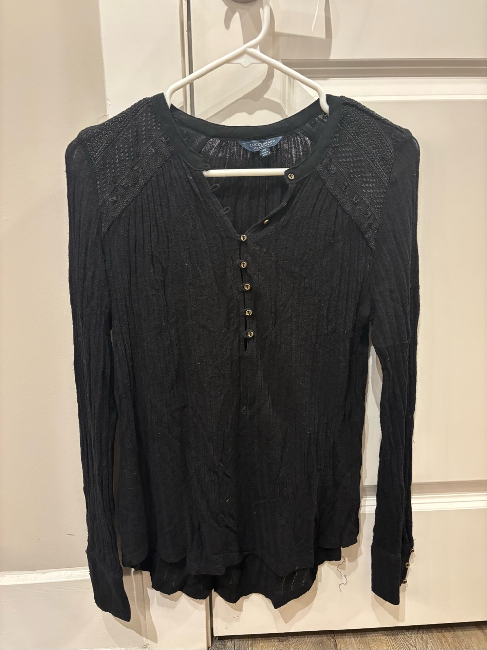 Lucky Brand Black Long Sleeve Henley with Crochet Shoulders